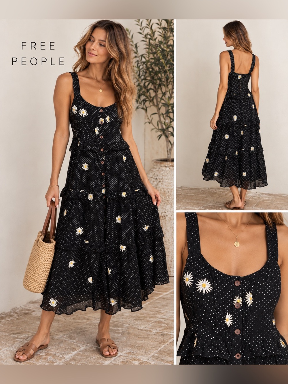 Free People Daisy Chain Black Embroidered Midi Dress Size XS